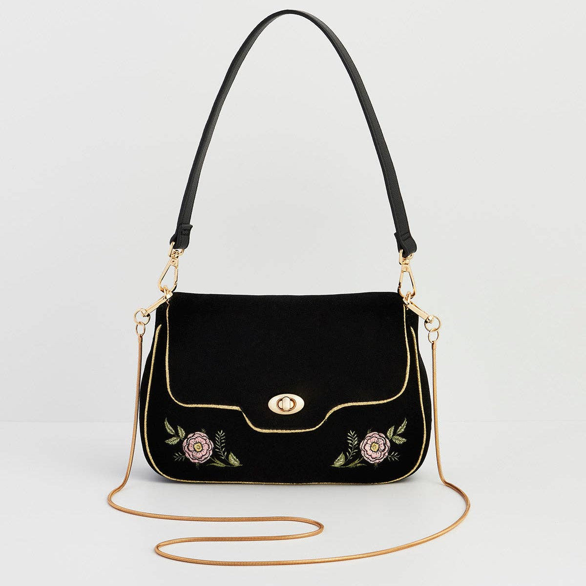 Rose Embroidered Black Shoulder Clutch