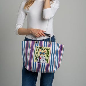 Cat Stripe Market Tote Bag with hand-embroidered cat and colourful striped fabric