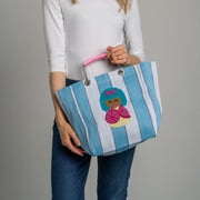 Doll Stripe Market Tote Bag with hand-embroidered doll and colourful striped fabric