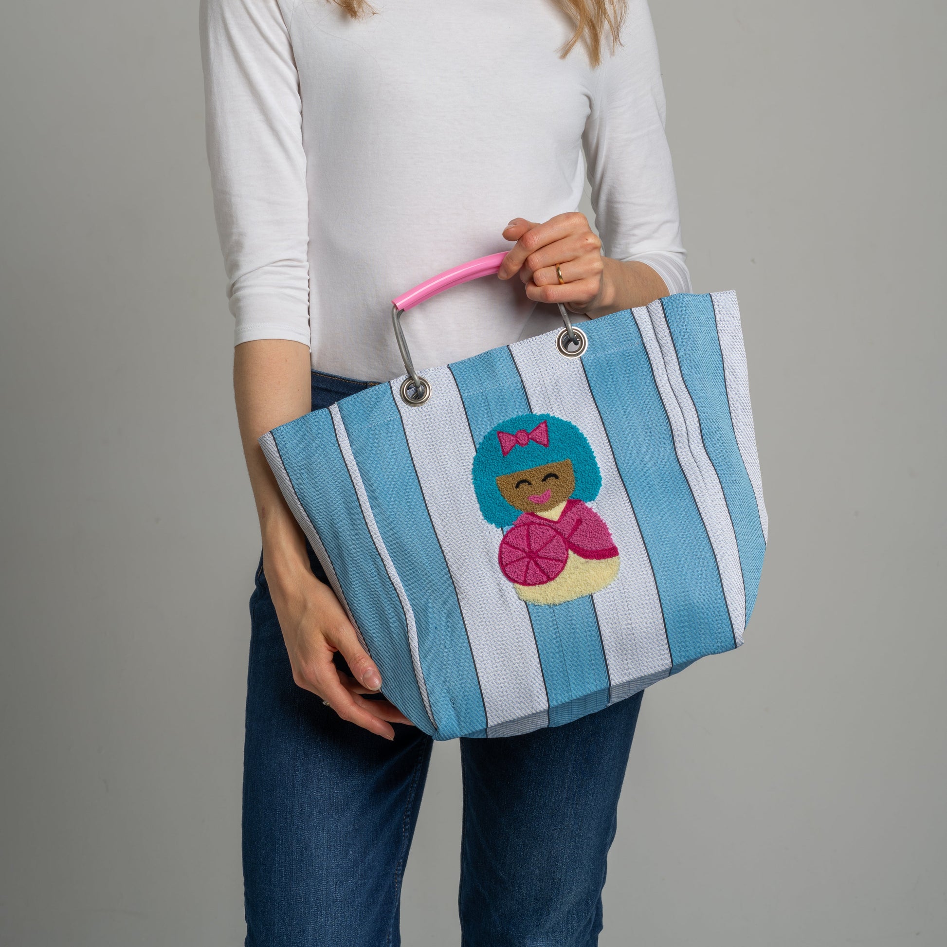 Doll Stripe Market Tote Bag with hand-embroidered doll and colourful striped fabric