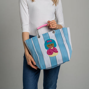 Doll Stripe Market Tote Bag with hand-embroidered doll and colourful striped fabric