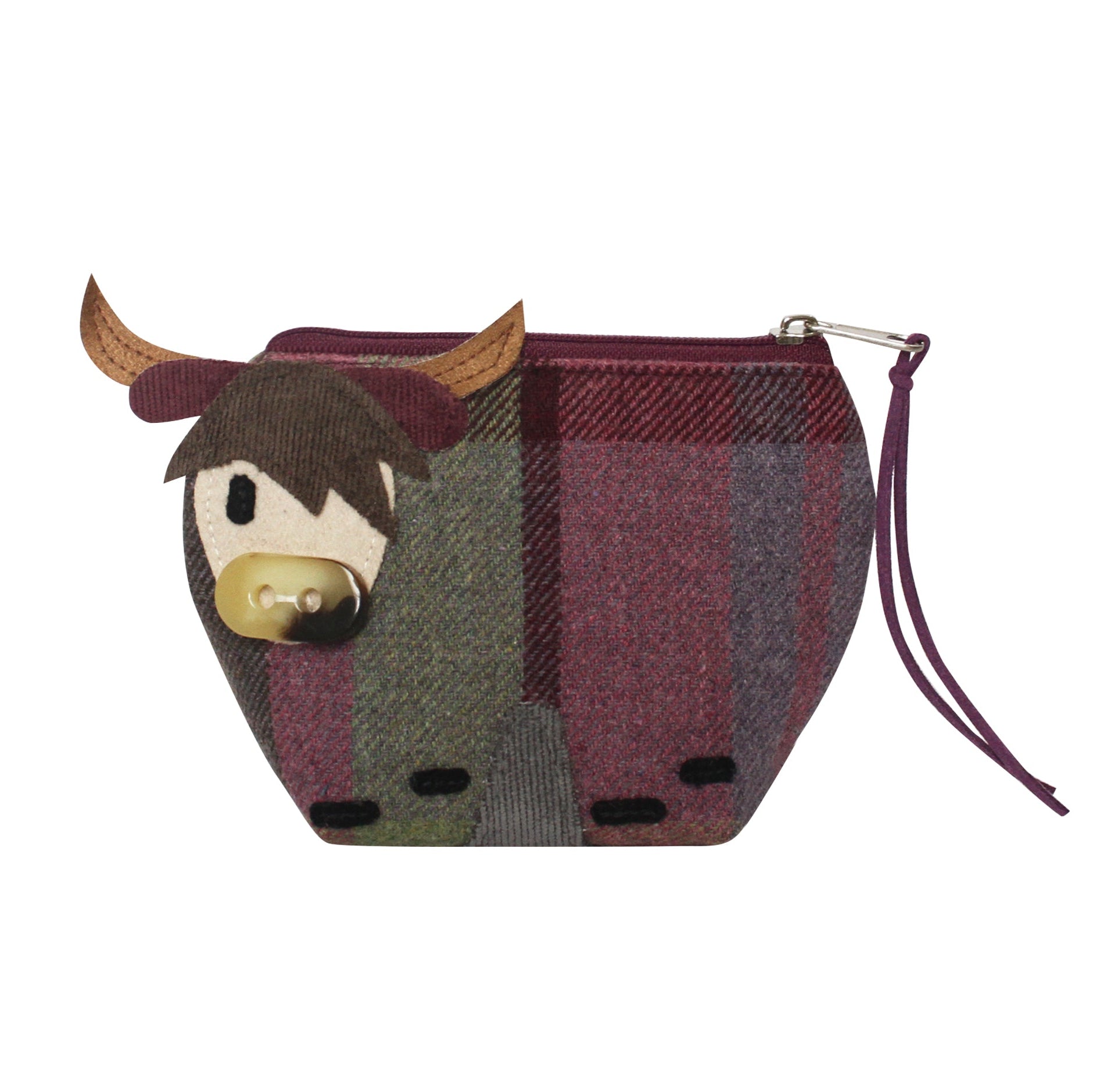 Gullane tweed cow purse side view showing shape and zip