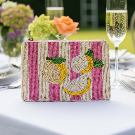 Lemon beaded purse with yellow citrus design on pink stripes
