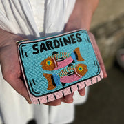 Sardine beaded purse with turquoise fish design and SARDINES text