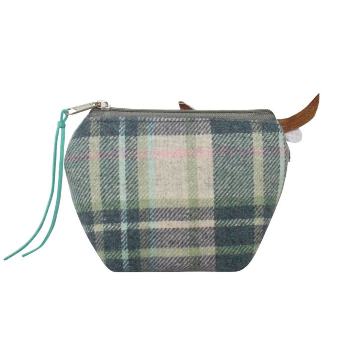 Skye tweed cow purse angled view showing zip detail