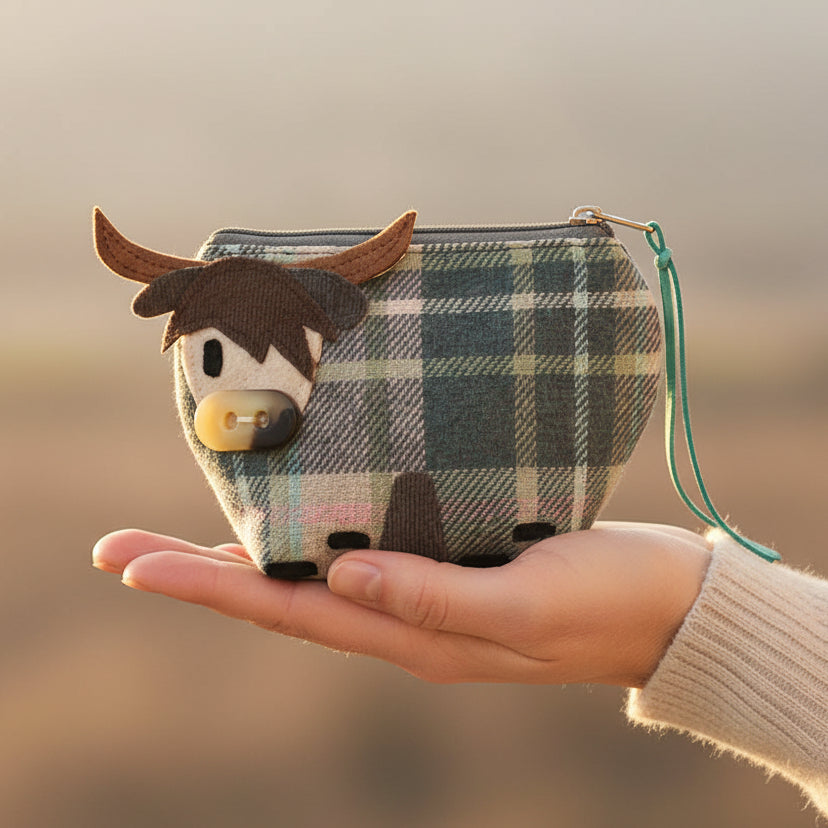 Skye tweed cow purse in blue check with appliqué face
