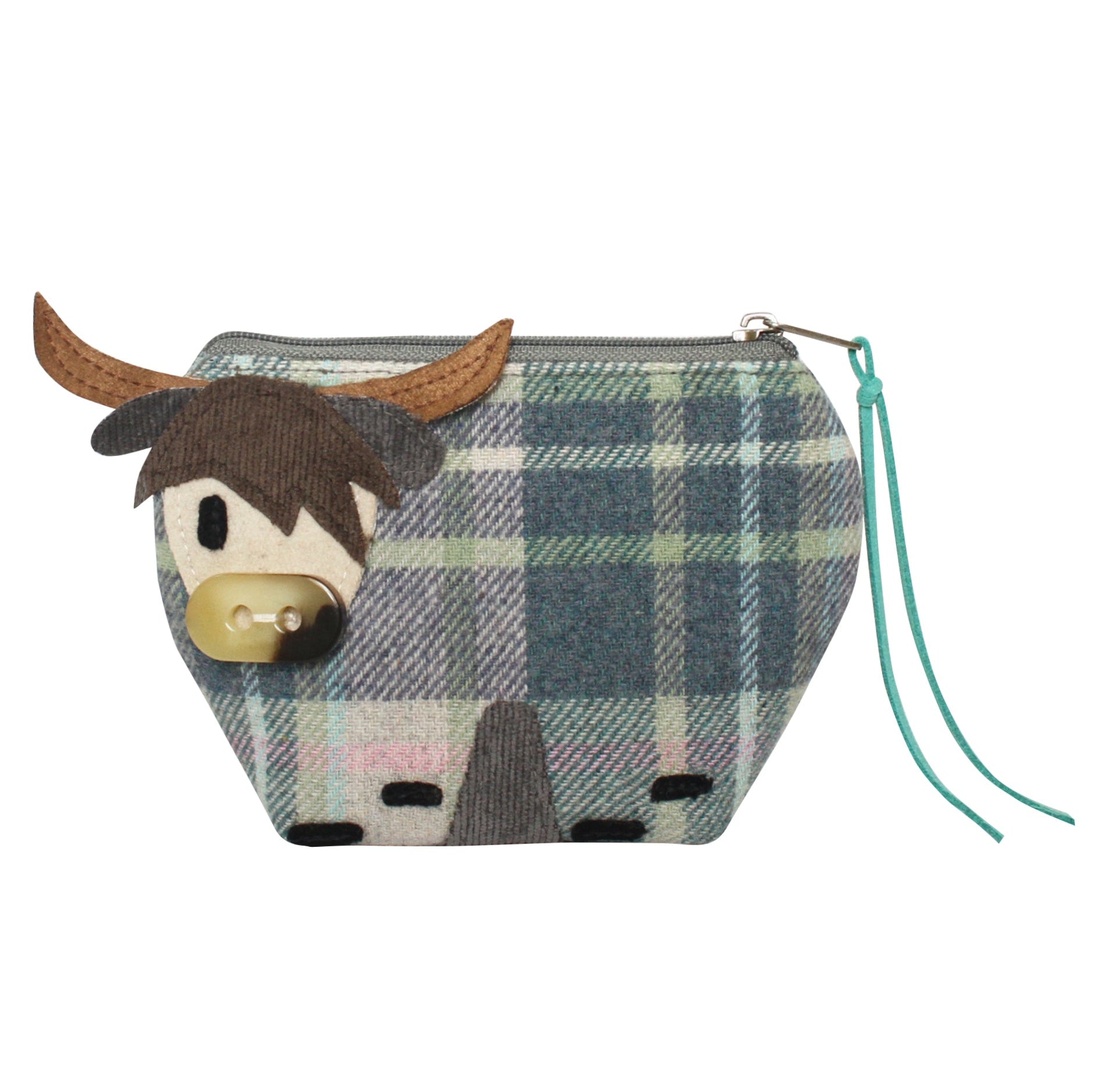 Skye tweed cow purse side view showing teal check pattern