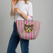 Tiger Stripe Market Tote Bag with hand-embroidered tiger and vibrant striped fabric