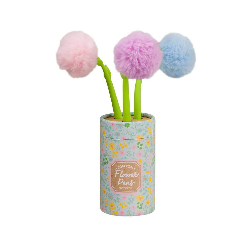Three pom pom flower pens in pink, purple and blue in a floral pot, white background