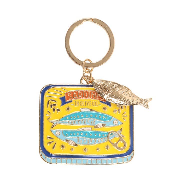 Enamel sardine tin keyring showing colourful fish design angled view
