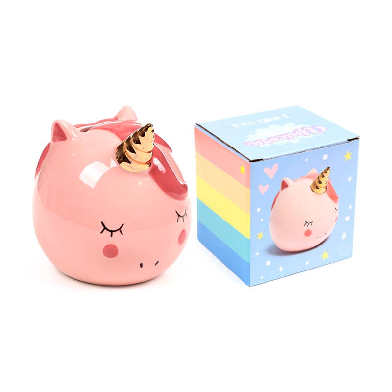 Enchanted Rainbows Unicorn Pink Ceramic Money Box beside its rainbow-striped blue gift box packaging.