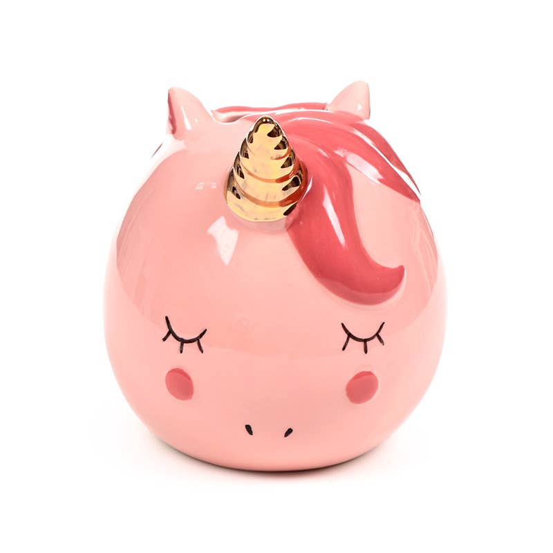 Front view of Enchanted Rainbows Unicorn Pink Money Box with gold horn and closed eyes.