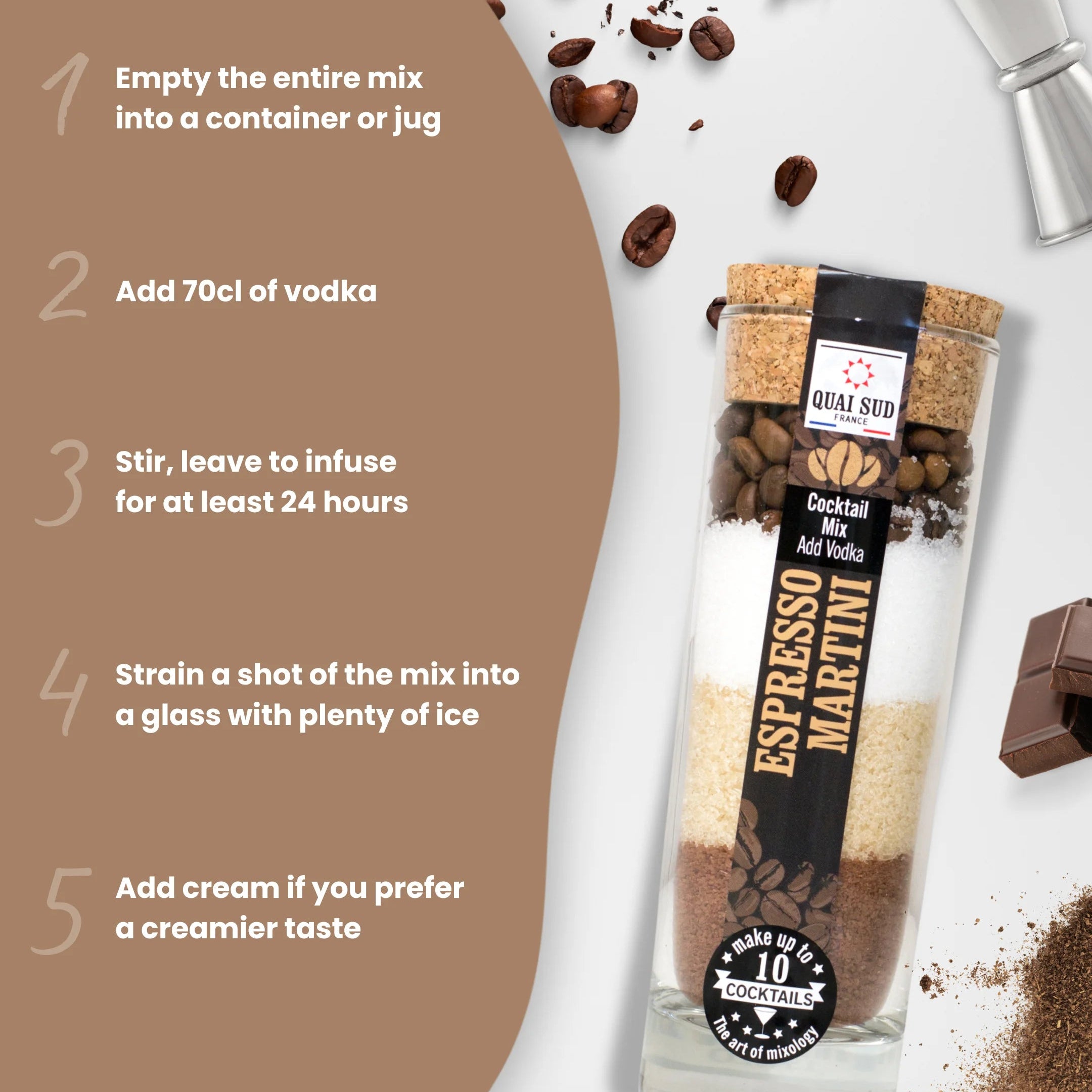 Espresso Martini Cocktail Mix with coffee beans and step-by-step guide.