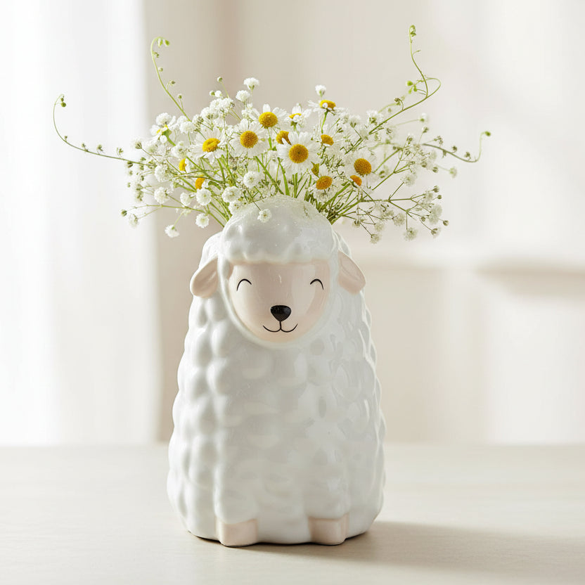 White ceramic sheep-shaped vase with cute face holding daisies and baby's breath flowers