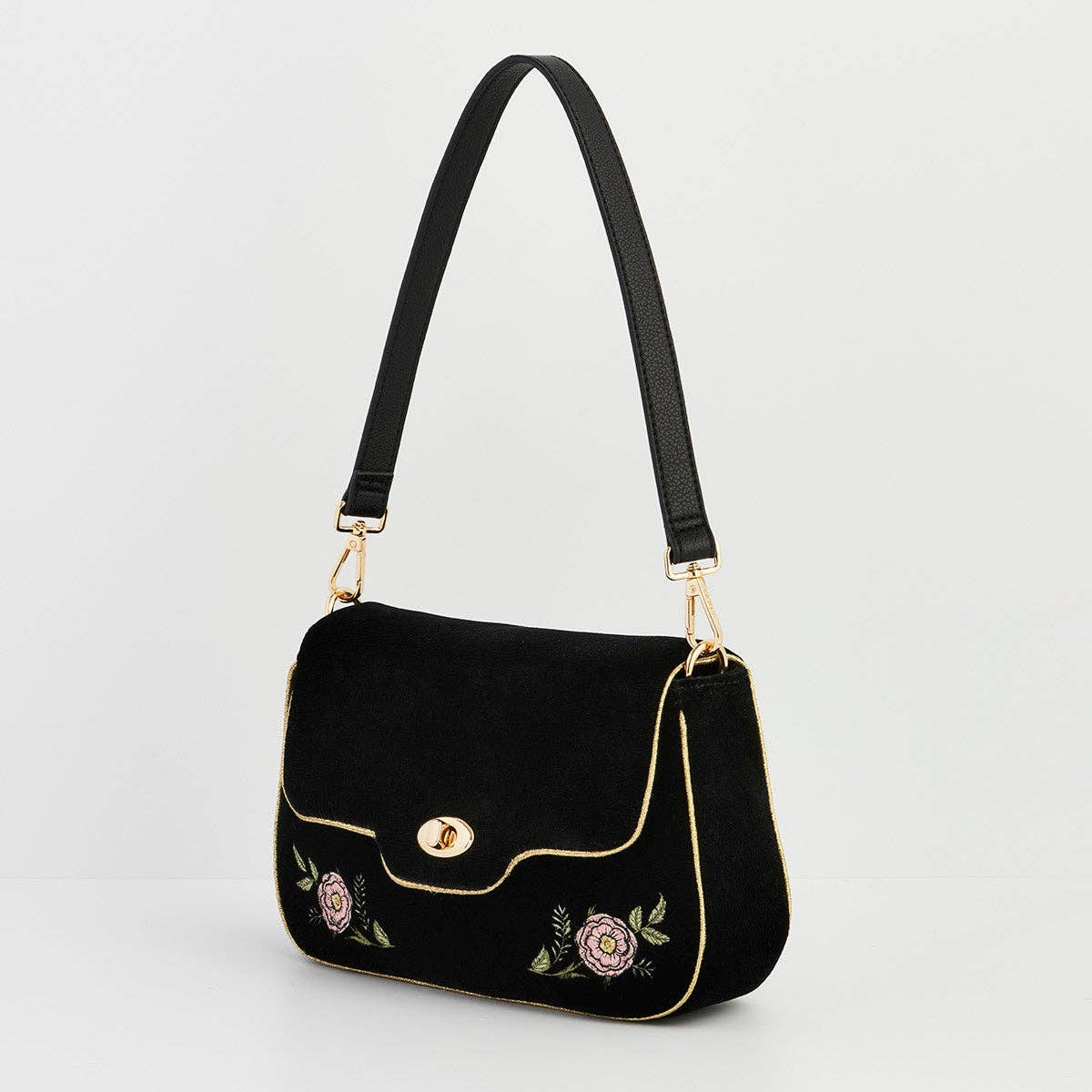 Rose Embroidered Black Shoulder Clutch