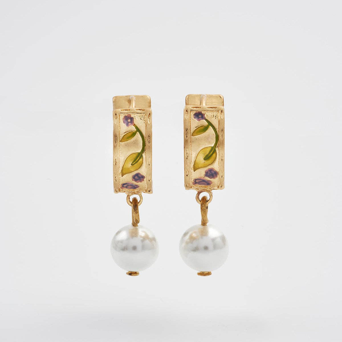 Blackberry Bramble pearl drop earrings front view showing full enamel design