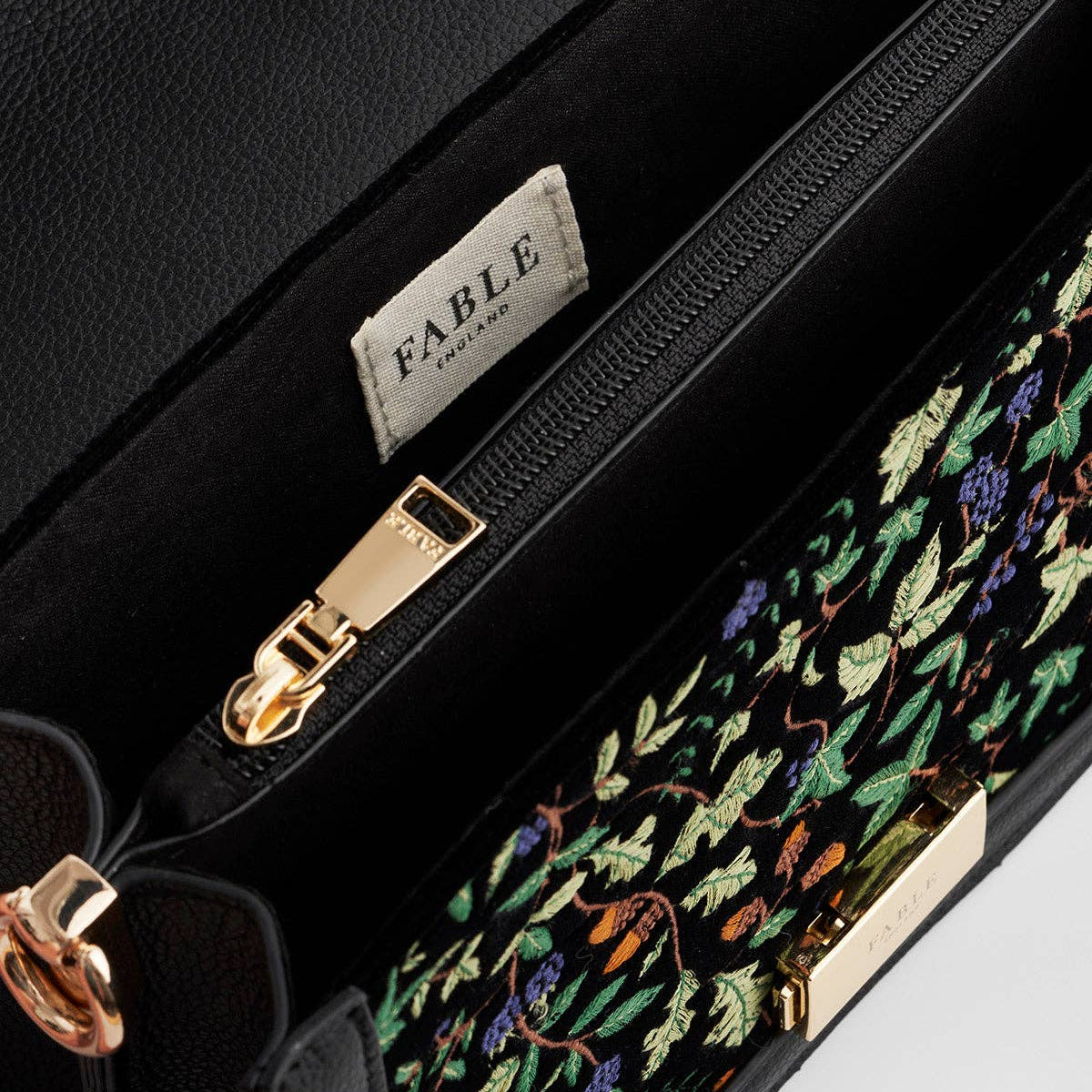 Cathy bag interior showing Fable England label and zip pocket
