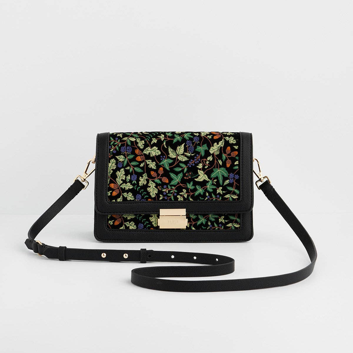 Cathy black embroidered fold over bag with acorn ivy design front view