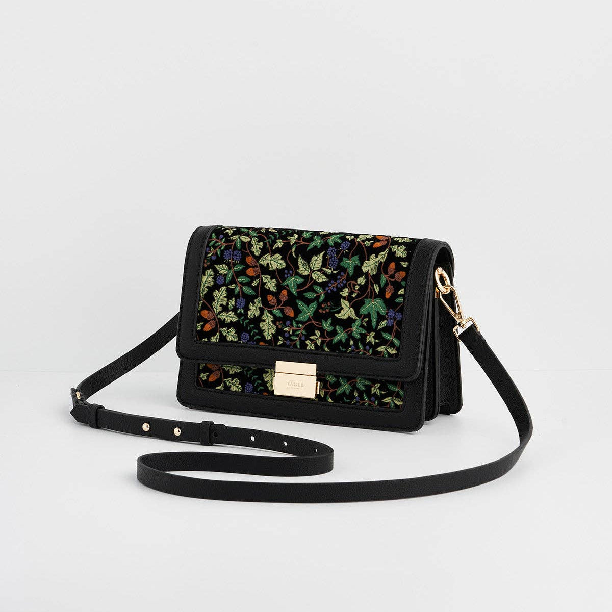 Cathy embroidered bag angled view showing strap and side profile