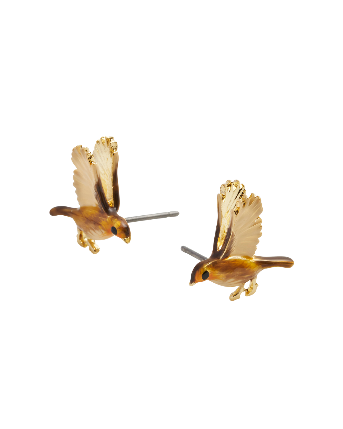 Enamel Flying Robin studs close up showing silver posts on white