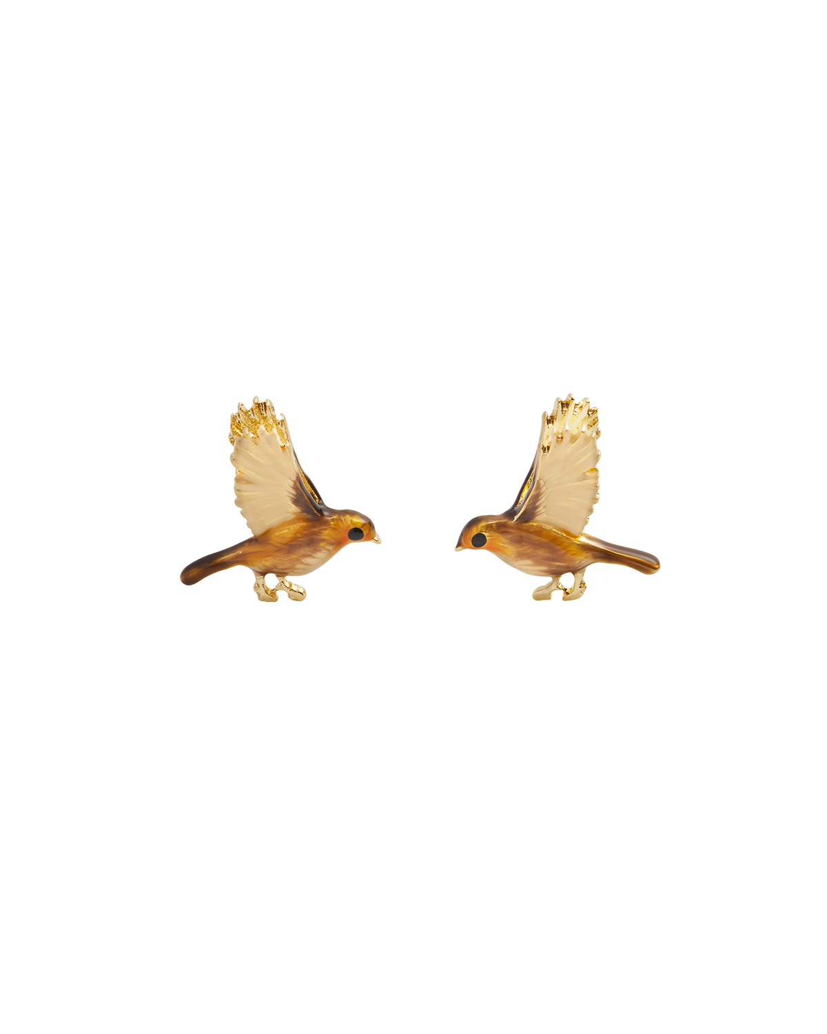 Enamel Flying Robin stud earrings pair facing each other on white background