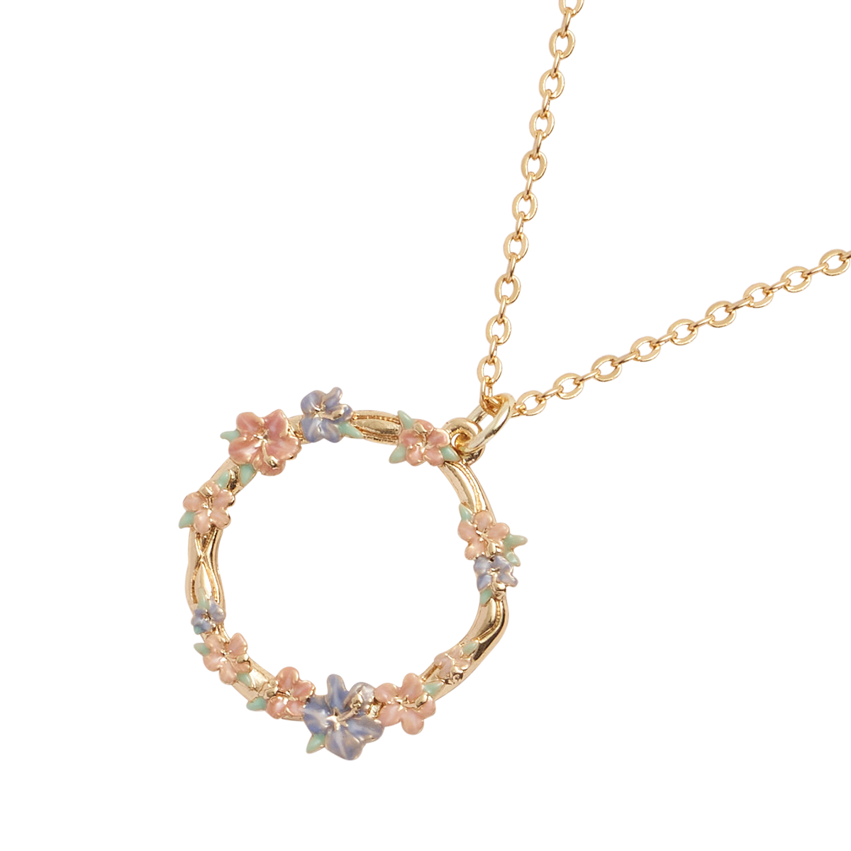 Hibiscus circle pendant close-up showing pastel enamel flowers