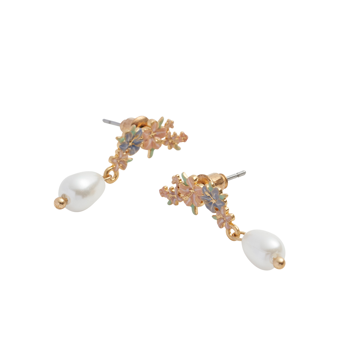 Hibiscus pearl earrings side view showing stud posts