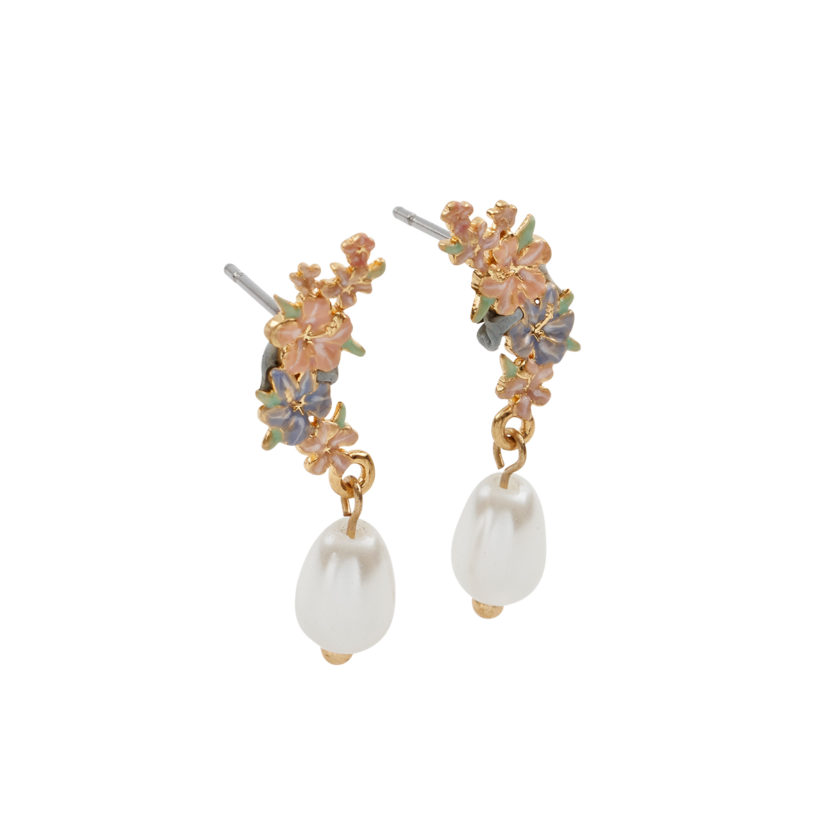 Hibiscus enamel earrings with pearl drops angled view
