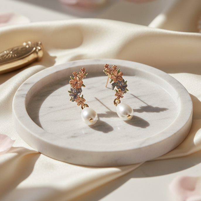 Hibiscus pearl drop earrings on marble dish with cream satin styling