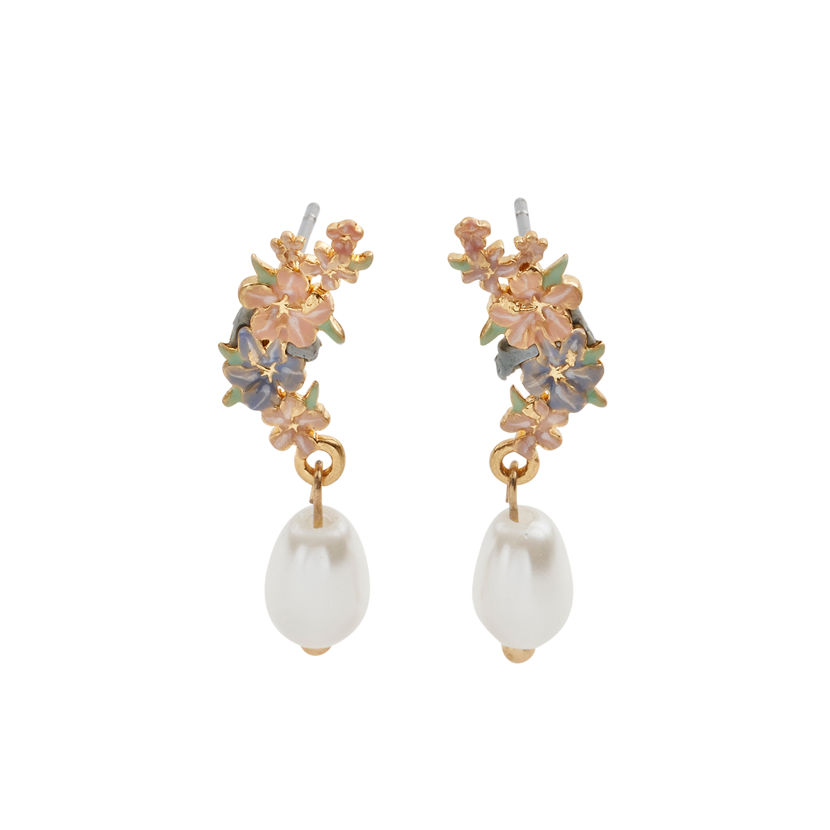 Hibiscus pearl earrings front view on light grey background