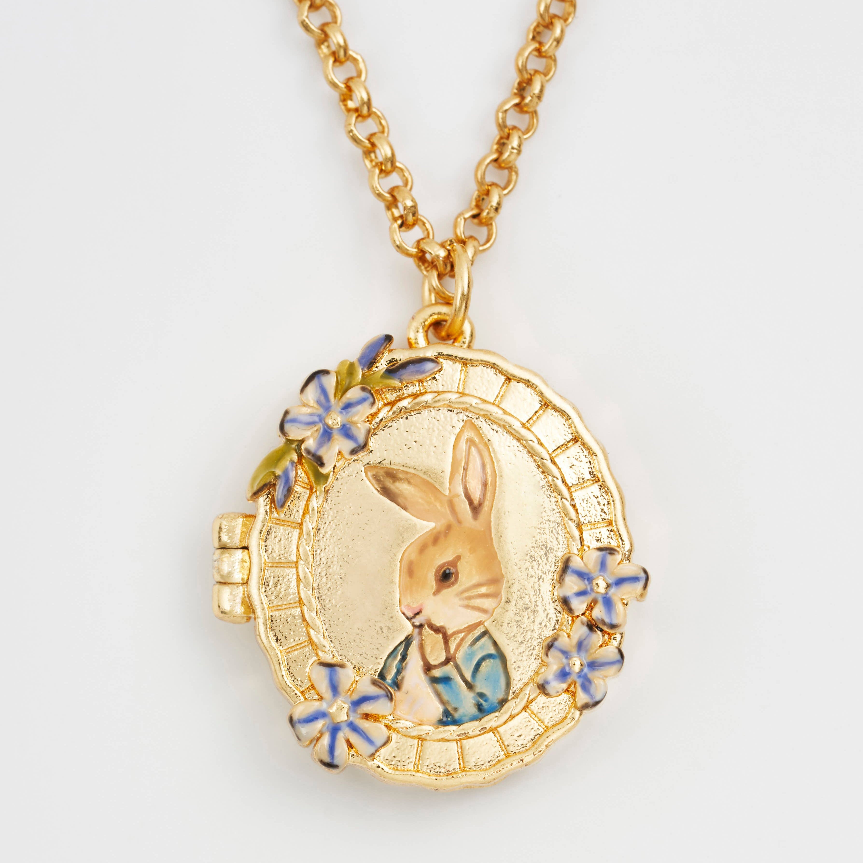 Peter Rabbit cameo locket close-up showing hand-painted enamel detail on white background