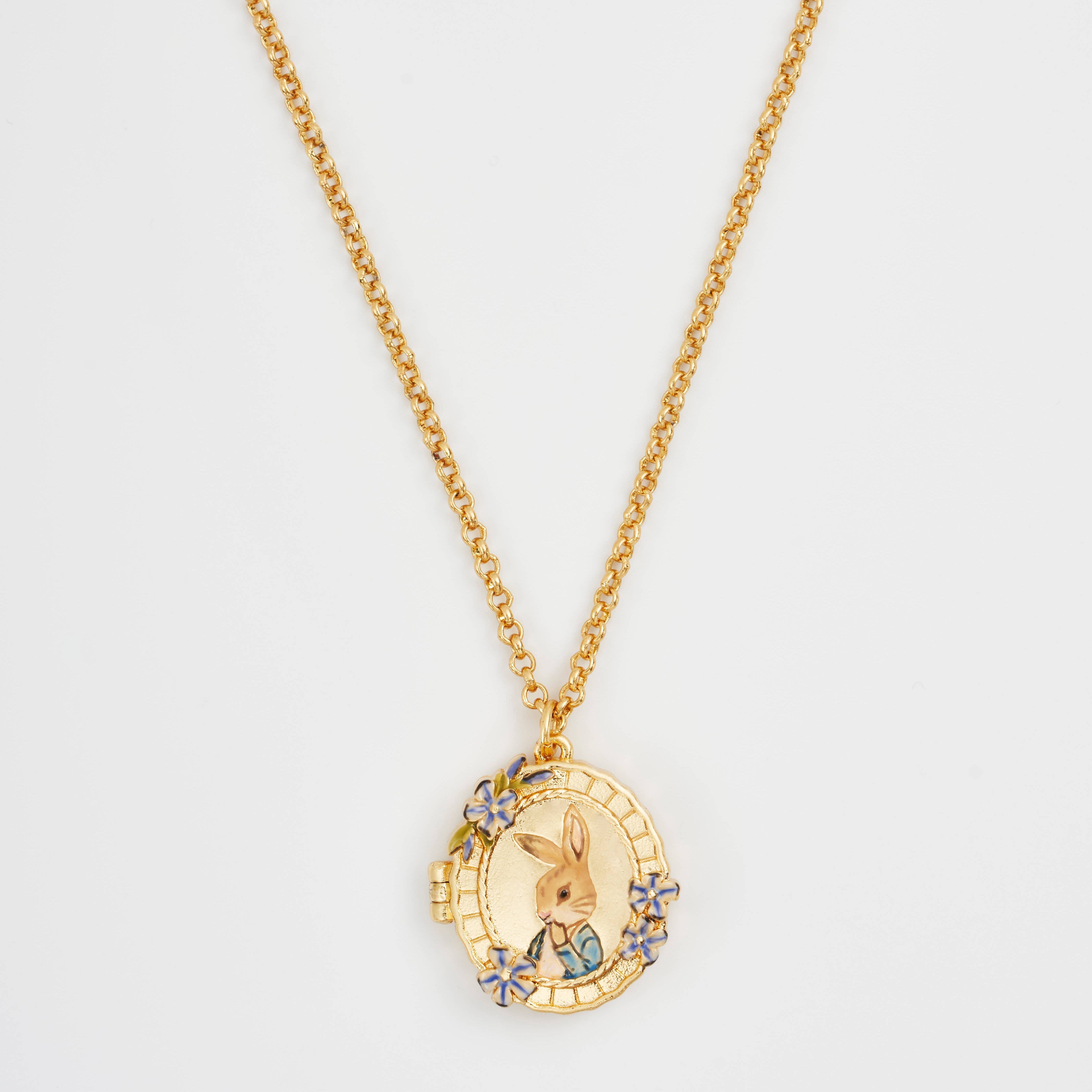 Peter Rabbit cameo locket necklace full view with gold chain on white background