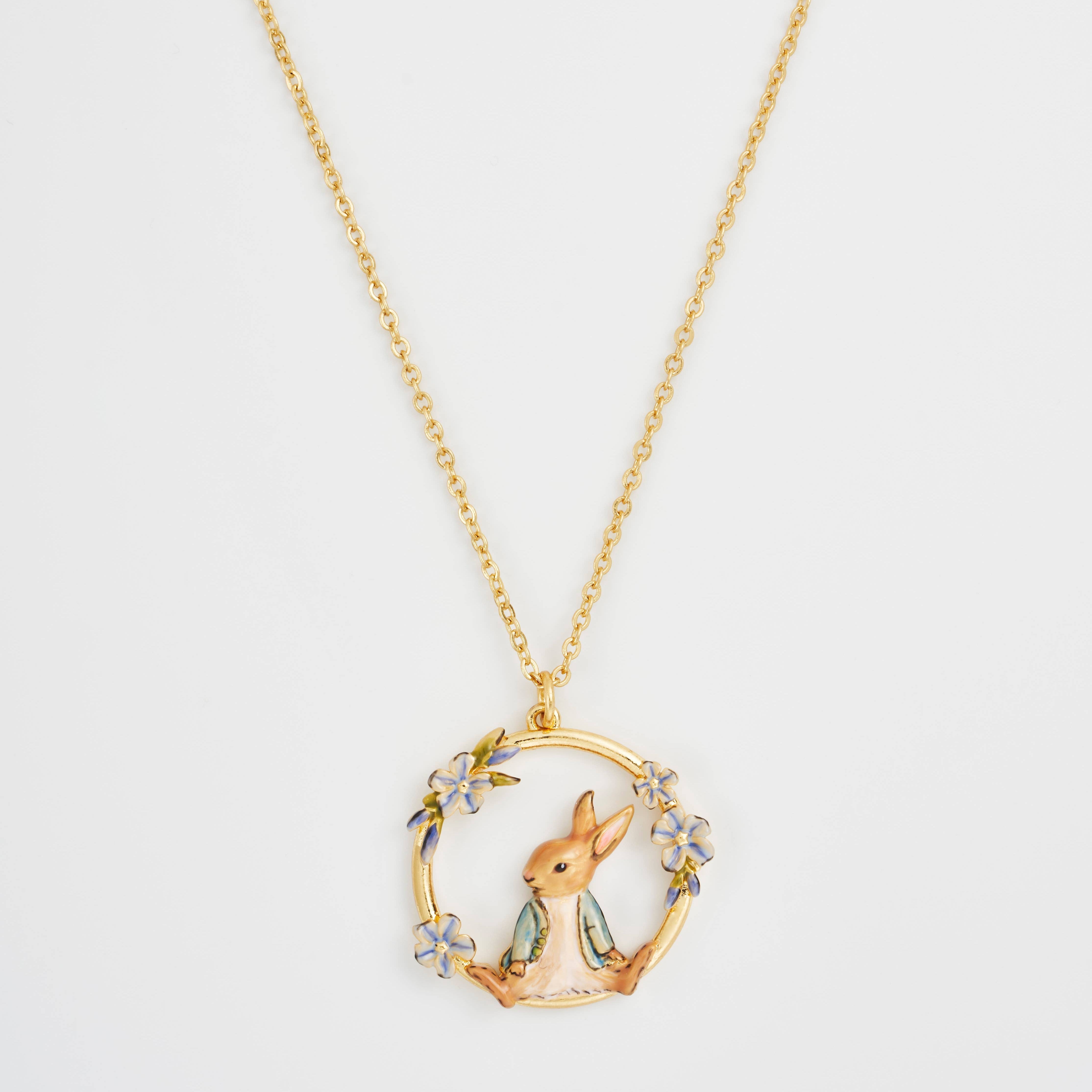 Peter Rabbit forget-me-not necklace full view with gold chain on white background