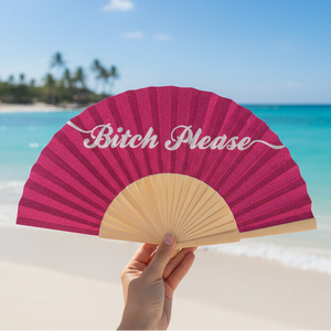 Bitch please glitter fan close-up detail view