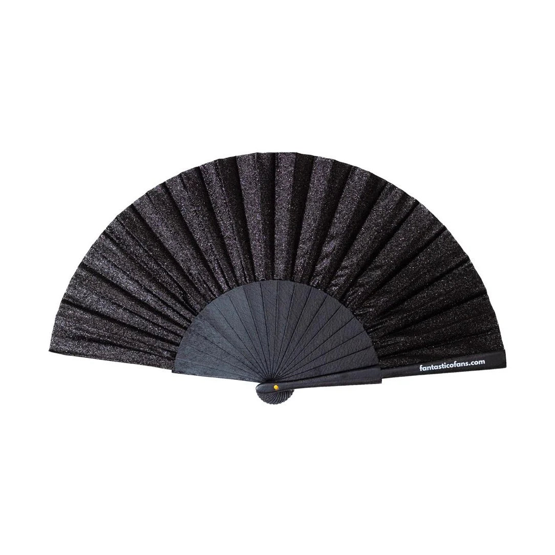 Black glitter fan displayed on white background