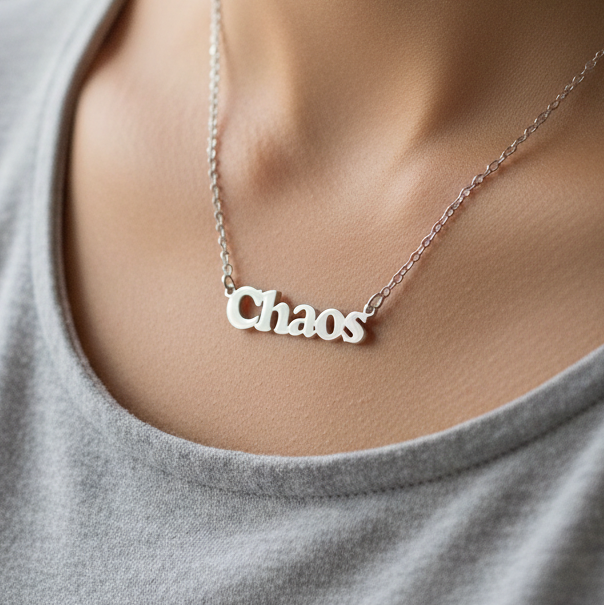 Silver Chaos necklace being worn.