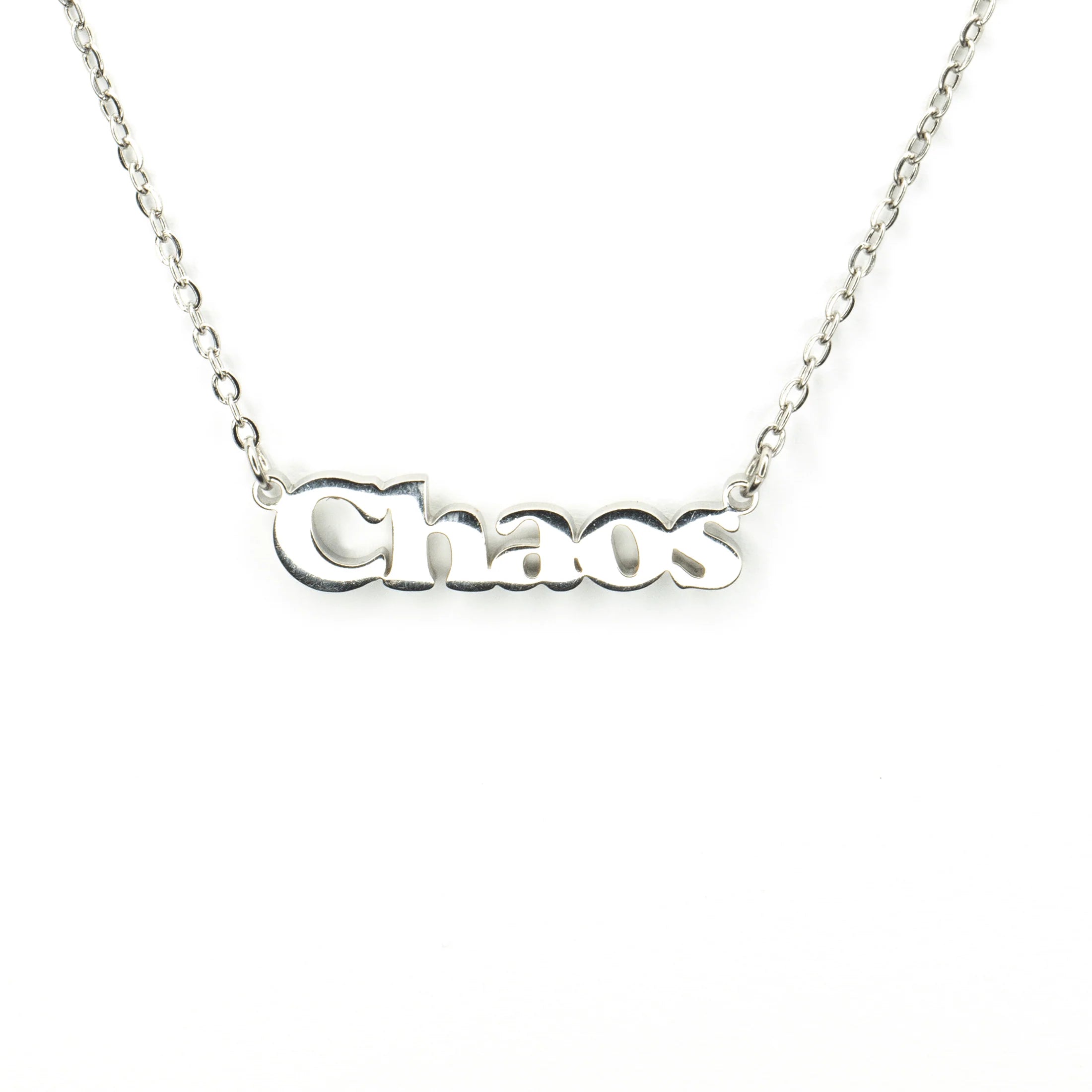 Silver chaos necklace displayed flat on white background