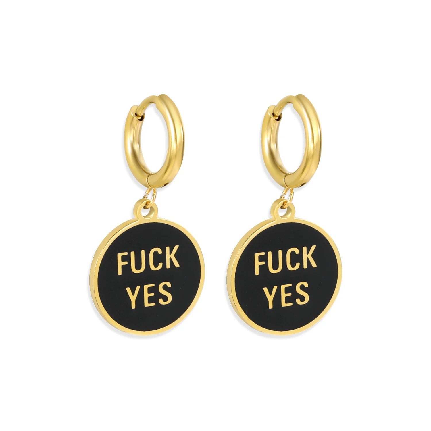 Gold fuck yes charm earrings displayed on white background