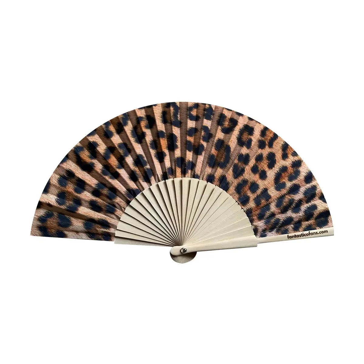 Leopard print fan displayed on white background