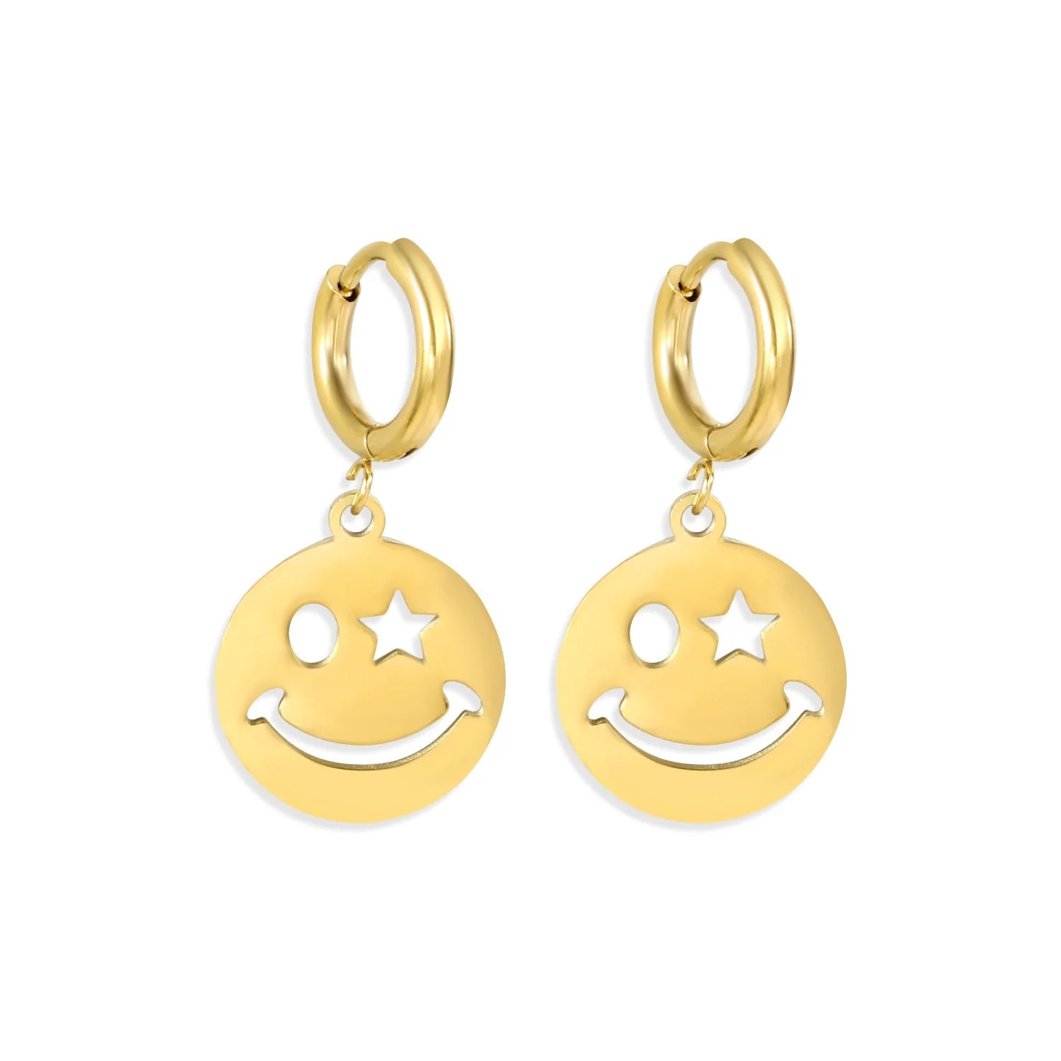 Gold smiley charm earrings displayed on white background
