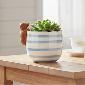 Cream ceramic planter with peeking dachshund dog design on white background