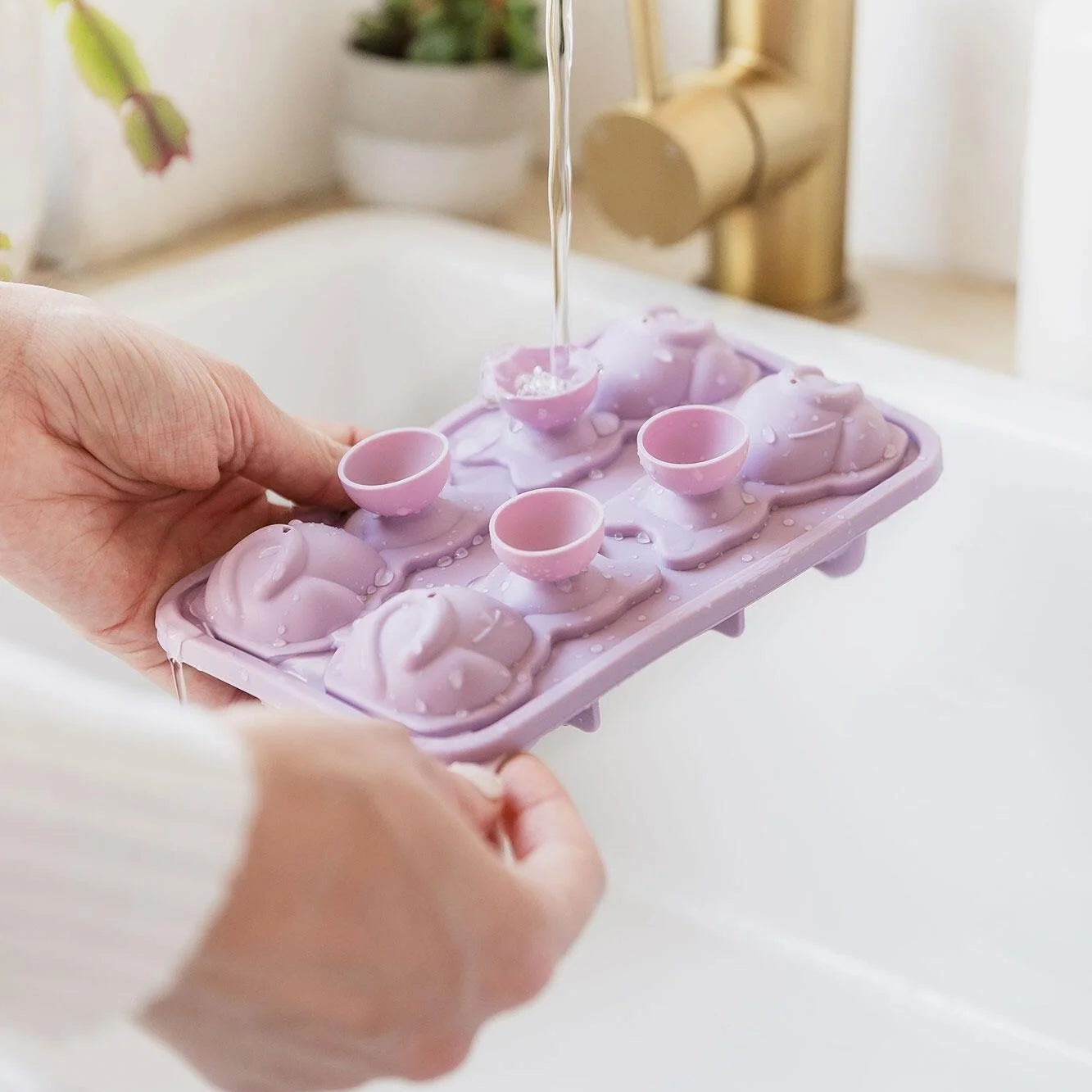 Silicone cat ice tray being filled with water at sink