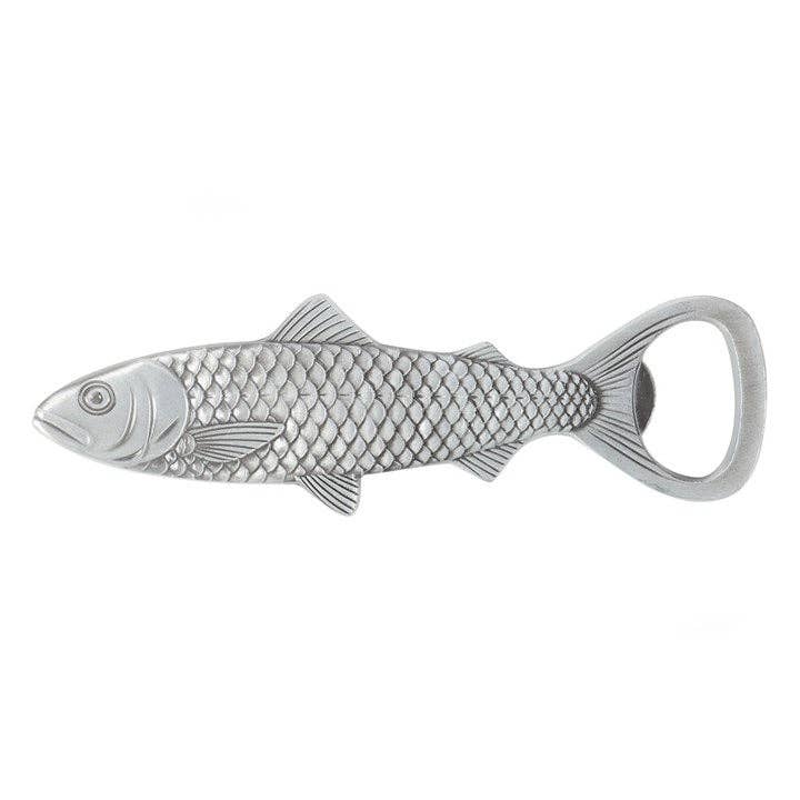 Silver fish-shaped bottle opener close-up side view
