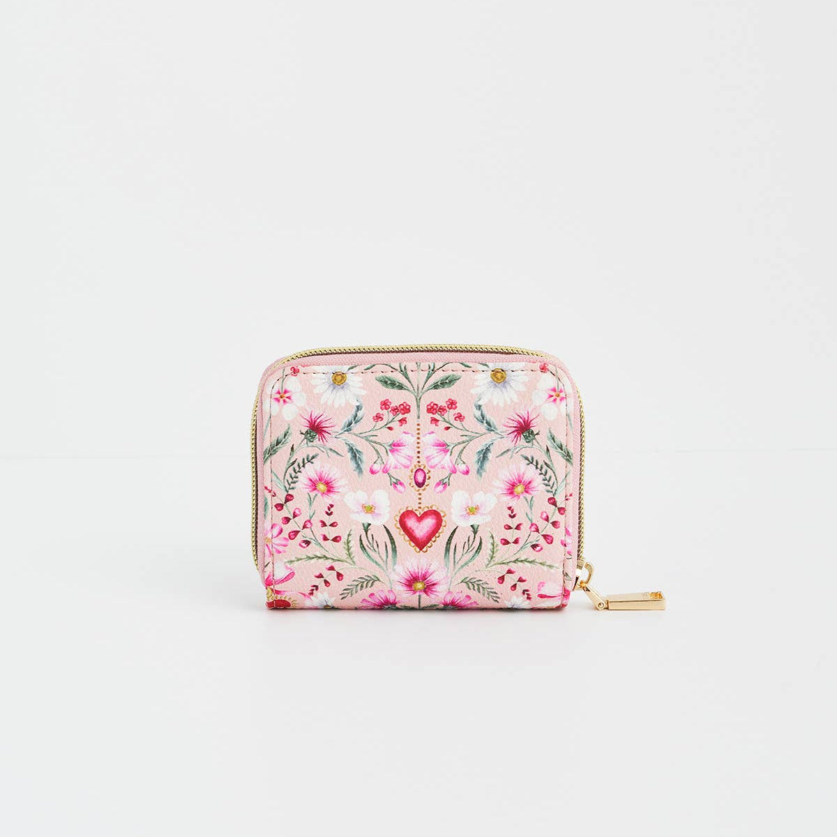 Front view of the floral heart pink purse on a white background.