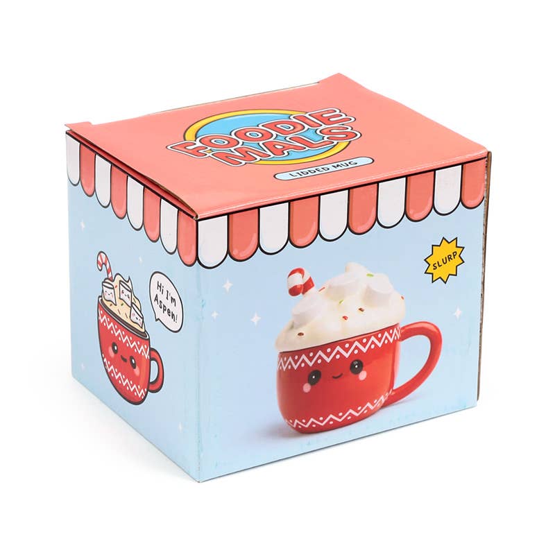 Foodie Mals Hot Chocolate Mug packaging box with illustrated design showing the festive mug inside.