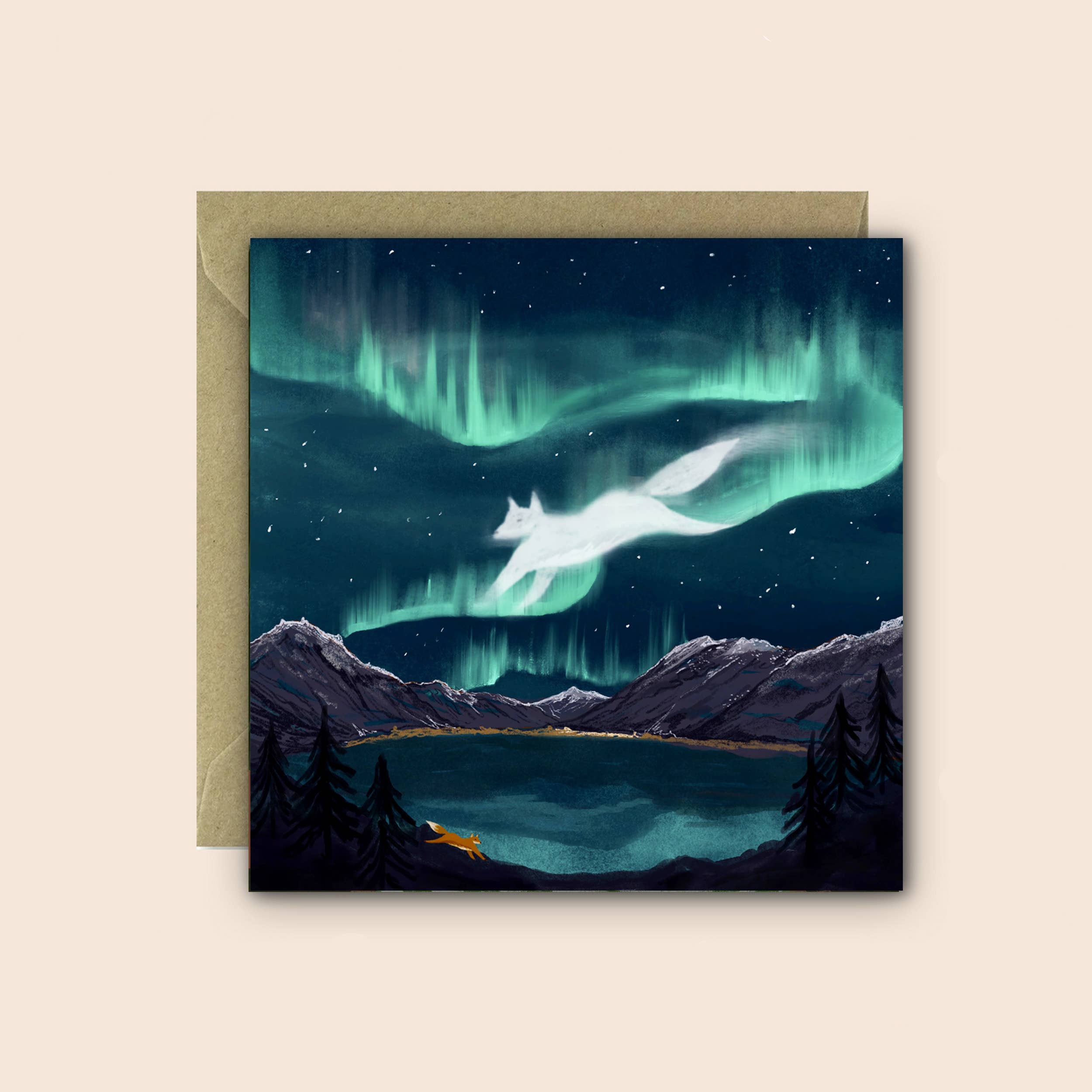 Fox Fire Folklore greetings card featuring a fox beneath the northern lights illustrated in deep blues and greens