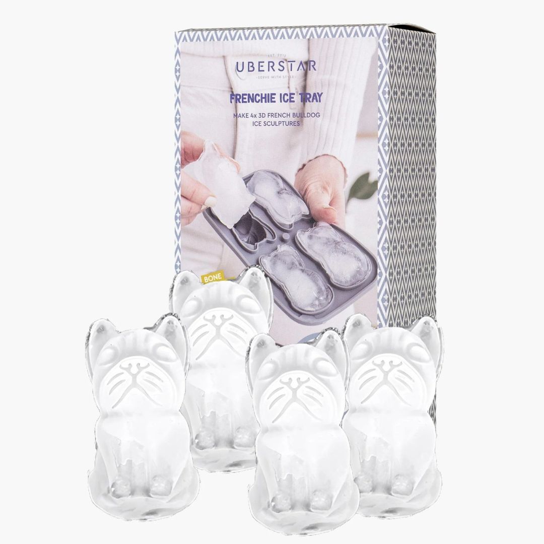 French bulldog ice cube tray with four 3D dog ice cubes