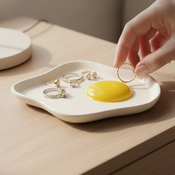 Ceramic fried egg shaped trinket dish with raised yellow yolk centre