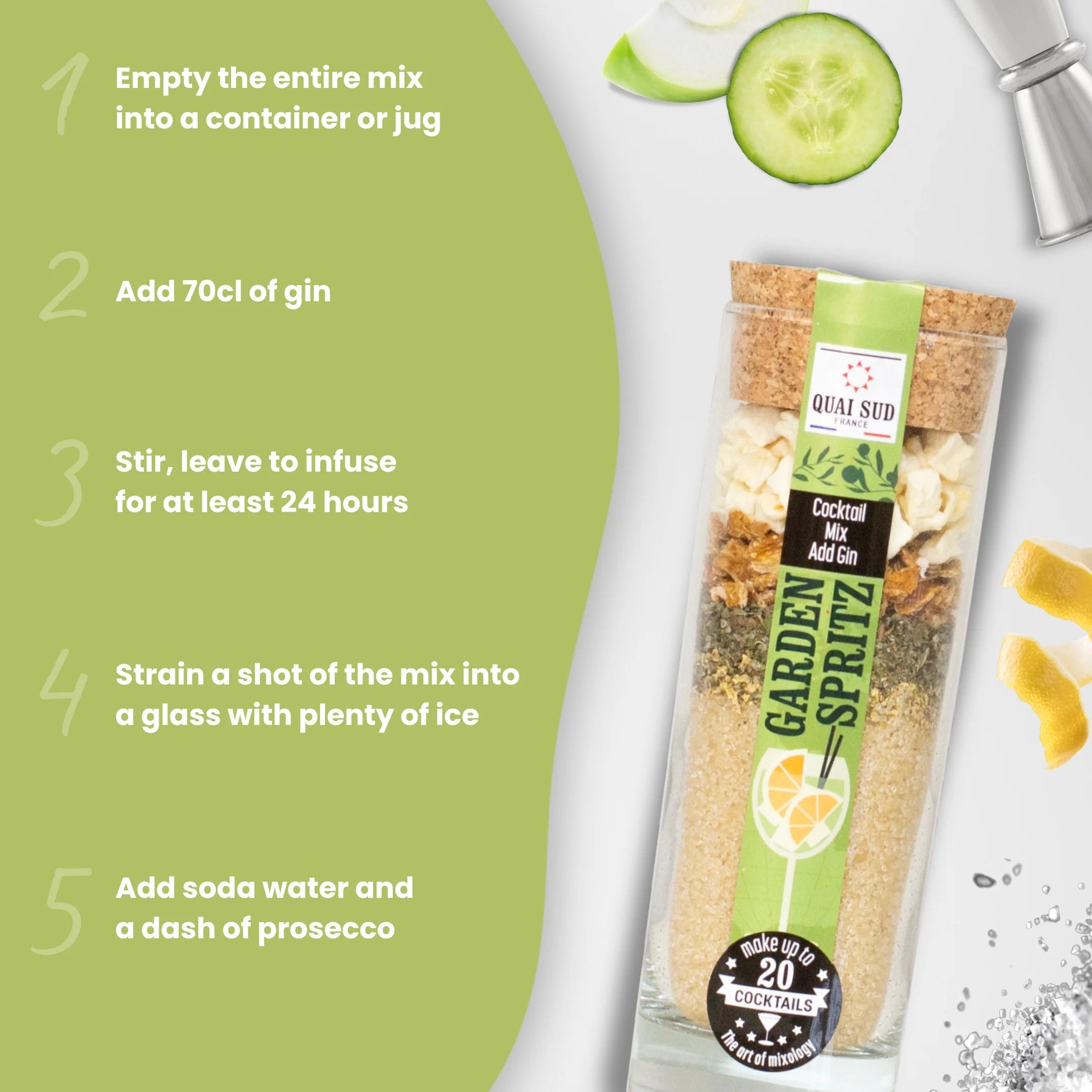 Garden Spritz Cocktail Mix with step-by-step cocktail instructions showing how to add gin, infuse for 24 hours, and serve with soda water and prosecco, surrounded by cucumber and apple slices.