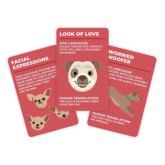 How To Speak Dog cards fanned out showing three behaviours on white